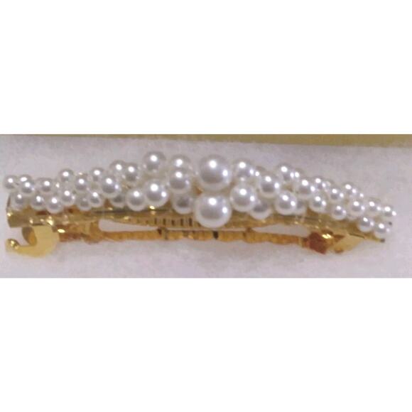 Vintage Hair Barrette Sun Violet Winny Goldtone White Faux Pearls Japan Signed - Picture 1 of 6
